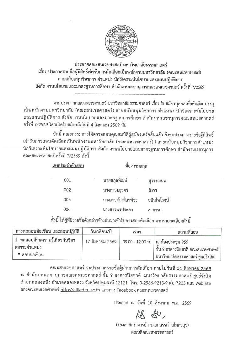 6. ประกาศรายชื่อผู้มีสิทธิ์สอบพนักงาน มธ. (ส่วนงาน)_ต